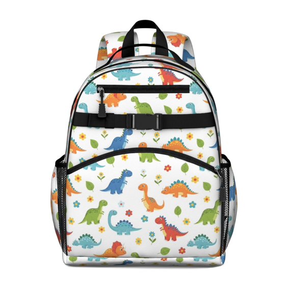 Colorful Dinosaur and Flower Pattern Cute School Backpack Bag for School with Padded Back and Adjustable Shoulder Straps 15.25"x11.5"x5.25"