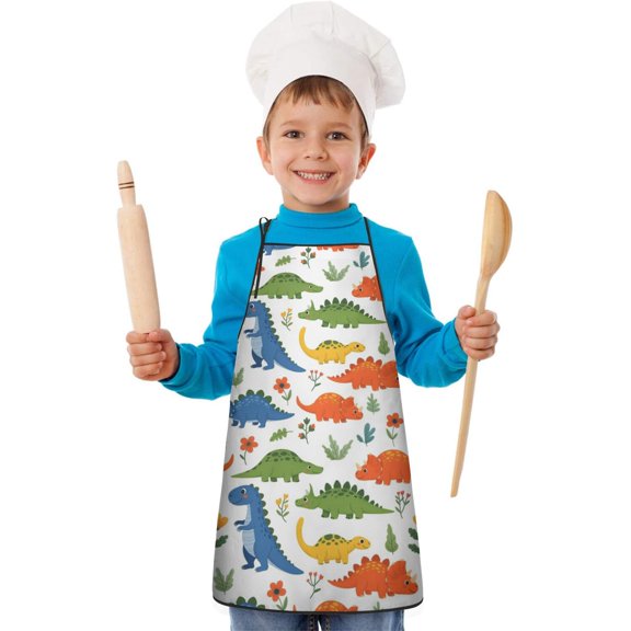Colorful Dinosaur and Flower Pattern Kids Aprons for Girls and Boys,Adjustable Neck Strap Toddler Aprons for Kids Cooking Baking