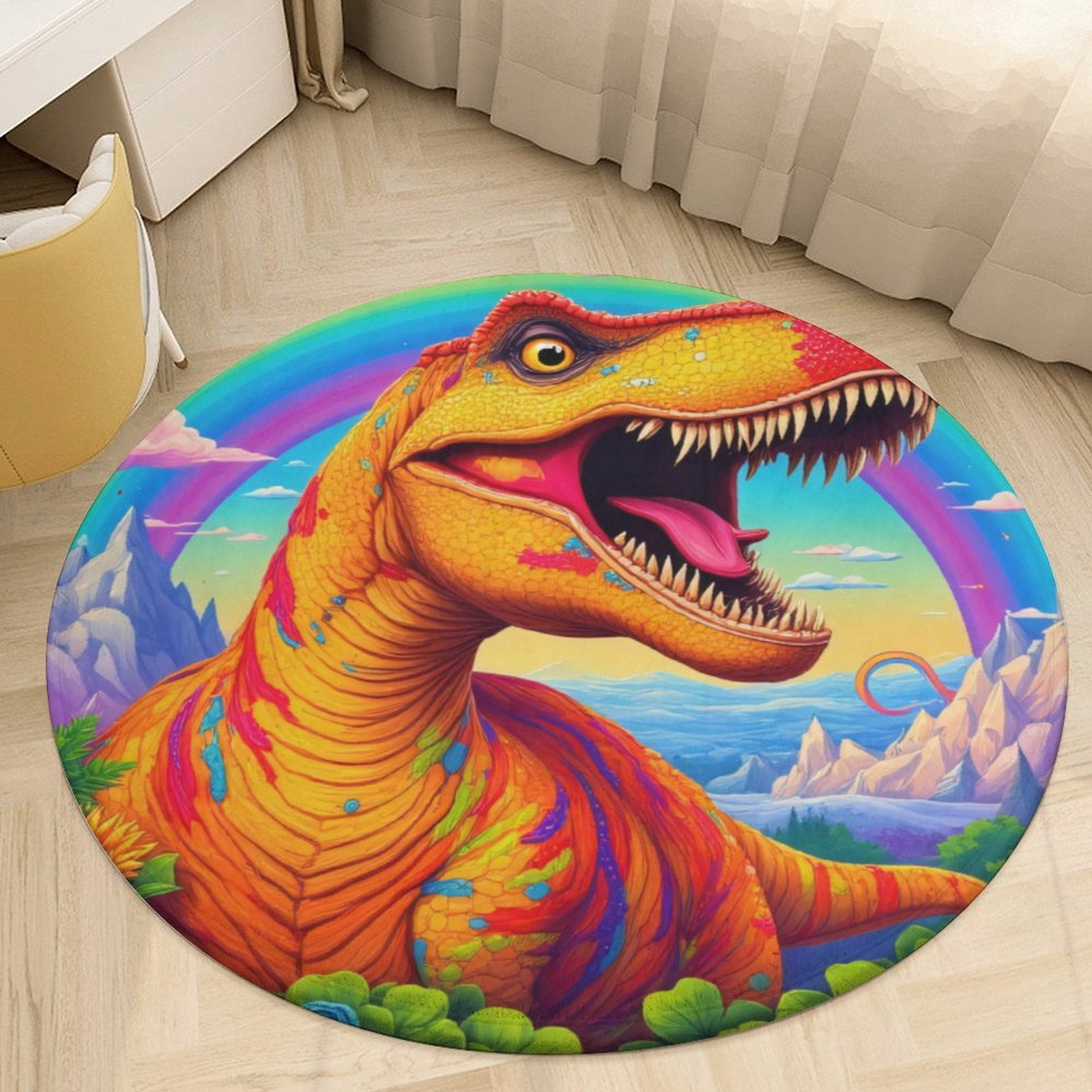 Colorful Dinosaur in Fantasy Landscape Round Area Rugs for Bedroom ...