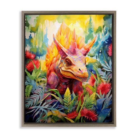 Stupell Industries Colorful Dinosaur in Jungle Brown Framed Floater Canvas Wall Art, design by Creative Studio, 31 x 25