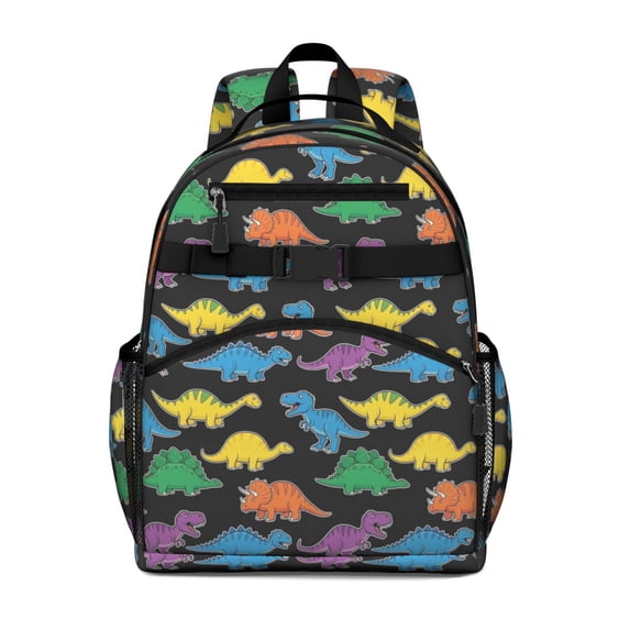 Colorful Dinosaurs Black Pattern Cute School Backpack Bag for School with Padded Back and Adjustable Shoulder Straps 15.25"x11.5"x5.25"