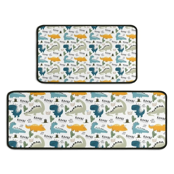 Colorful Dinosaurs Cacti Roar Pattern Kitchen Rugs Sets Of 2,Anti Fatigue Kitchen Mat Rugs Non Slip Washable,Decorative Kitchen Floor Mats for Kitchen,Sink,Laundry,17"X30"+17"X47"