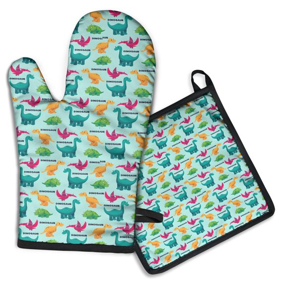 Colorful Dinosaurs DINO Pattern Kitchen Oven Mitt and Pot Holder Sets 2 Pcs for Baking, Cooking and Grilling, Heat Resistant Up To 392 °F