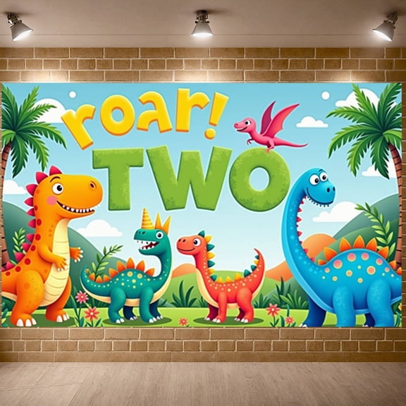 Colorful Dinosaurs Dinosaur Birthday Banner Cartoon Roar Two Display Jungle Theme Palm Trees Dino Party Backdrop for 2nd Birthday Party Kids Celebration Indoor Decoration