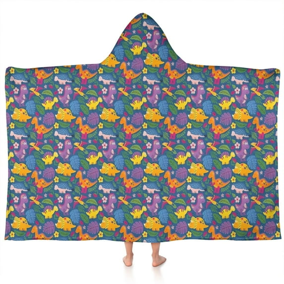 Colorful Dinosaurs Floral Motifs Pattern Hooded Bath Towel,60"x35" for Ages 3 To 12 Kids, Quick Dry Lightweight Soft Microfiber Hood Beach Towel Cover Up for Kids