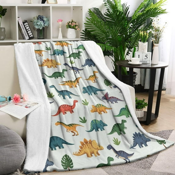 Colorful Dinosaurs Floral White Pattern Blanket,Comfortable Soft Lamb Wool Throw Blanket,All Season,Warm Lightweight Blankets for Sofa Bed Couch Living Room Chair,60"x80"