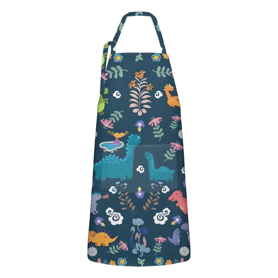Colorful Dinosaurs Flowers Border Pattern Apron-Garden Aprons for Women with Pockets-Cotton Linen Waterproof Kitchen Cooking Gardening Aprons Adjustable for Kitchen,Cooking,BBQ and Salon 33x27 Inch
