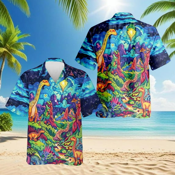 Colorful Dinosaurs Hawaiian Shirt for Men, Button Down Summer Beach Short Sleeve, Dinosaur Lover Gifts, S-5XL