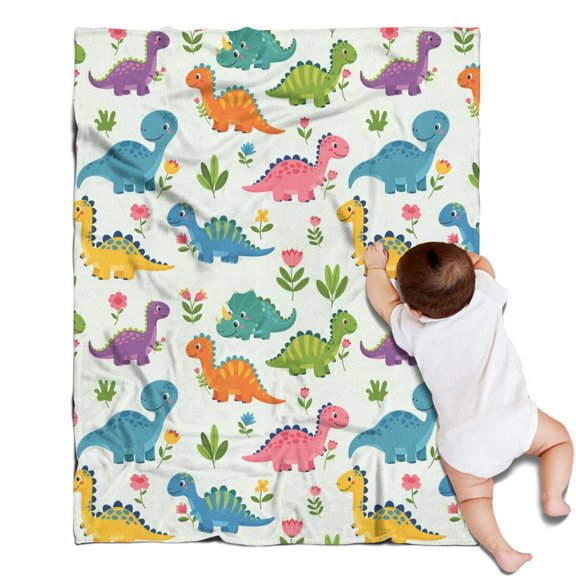 Colorful Dinosaurs Holding Flowers Blanket,Comfortable Soft Lamb Wool Throw Blanket,All Season,Warm Lightweight Blankets for Sofa Bed Couch Living Room Chair,30"x40"