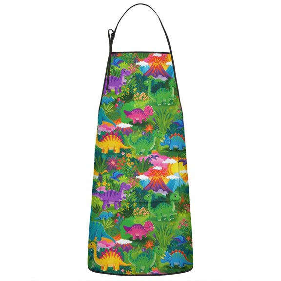 Colorful Dinosaurs Jungle Flowers Pattern Apron-Garden Aprons for Women with Pockets-Cotton Linen Waterproof Kitchen Cooking Gardening Aprons Adjustable for Kitchen,Cooking,BBQ and Salon 33x27 Inch