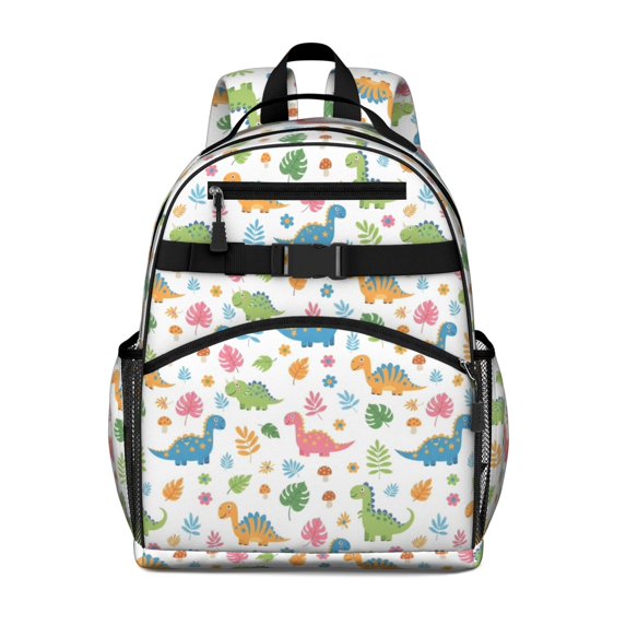 Colorful Dinosaurs Leaf White Pattern Cute School Backpack Bag for School with Padded Back and Adjustable Shoulder Straps 15.25"x11.5"x5.25"