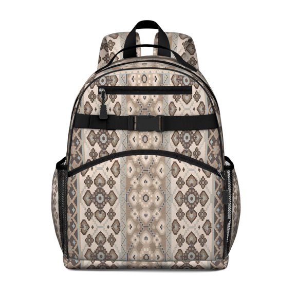 Brown Geometric Diamond Heart Pattern Backpack for School,Cute School Bag,Schoolbag with Adjustable Shoulder Straps & Padded Back,15.25"x11.5"x5.25"