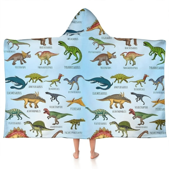 Colorful Dinosaurs Names Labels Pattern Hooded Bath Towel,50"x30" for Ages 3 To 12 Kids, Quick Dry Lightweight Soft Microfiber Hood Beach Towel Cover Up for Kids