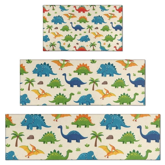 Colorful Dinosaurs Palm Pattern Kitchen Rugs Sets Of 3,Kitchen Runner Rugs Non Skid Washable,Decorative Kitchen Floor Mats for Kitchen,Sink,Laundry,17"x30"+ 17"x47" + 17"x59"