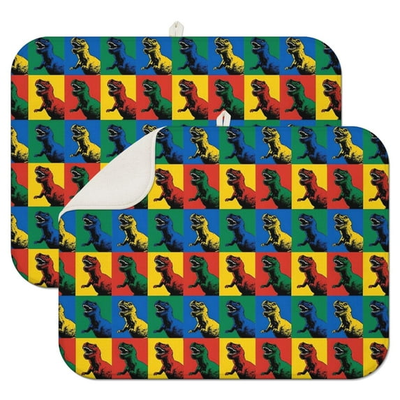 Colorful Dinosaurs Pop Art Square Pattern Dish Drying Mat for Kitchen 1 Pack, Ultra Absorbent Microfiber Dishes Drainer Mats,18"x24"