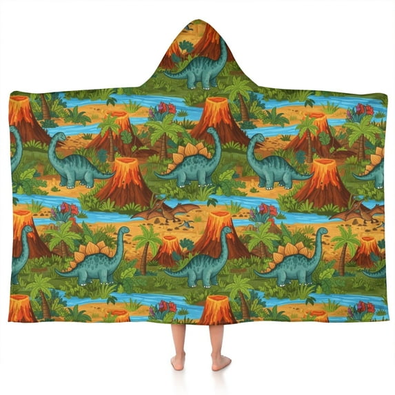 Colorful Dinosaurs River Volcanoes Pattern Hooded Bath Towel,50"x30" for Ages 3 To 12 Kids, Quick Dry Lightweight Soft Microfiber Hood Beach Towel Cover Up for Kids