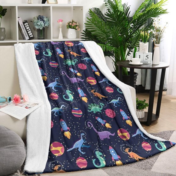 Colorful Dinosaurs Rockets Pattern Blanket,Comfortable Soft Lamb Wool Throw Blanket,All Season,Warm Lightweight Blankets for Sofa Bed Couch Living Room Chair,60"x80"