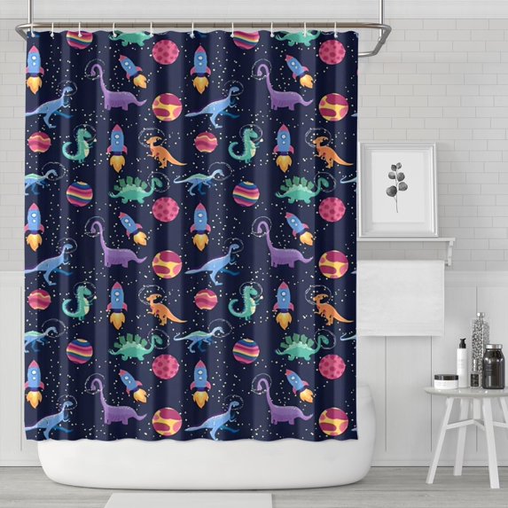 Colorful Dinosaurs Rockets Pattern Shower Curtain 84"x72" ,Bathroom Decorative Shower Curtains Set with 12 Hooks,Modern Waterproof Washable Shower Curtain
