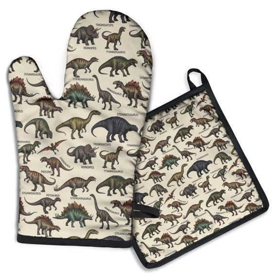 Colorful Dinosaurs Scientific Pattern Kitchen Oven Mitt and Pot Holder Sets 2 Pcs for Baking, Cooking and Grilling, Heat Resistant Up To 392 °F