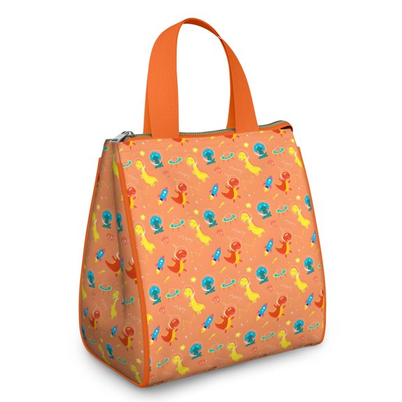 Colorful Dinosaurs Space Rockets Pattern Insulated Lunch Bag for Women & Adults,Large Portable Soft Cooler Lunch Bag,Thermal Food Storage Tote with Pearl Cotton,8.66L,8.75x5.75x9.5 Inch