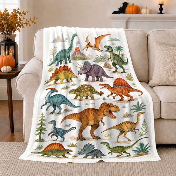 Colorful Dinosaurs and Tropical Plants, Playful Educational Style for Dinosaur Lovers, Prehistoric Animal Chart and Birthday Gift, Soft Flannel Blanket for Playroom and Bedroom, Home Decor