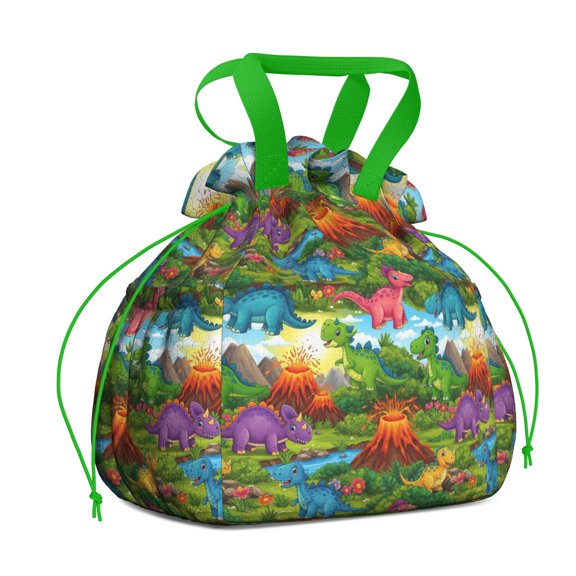 Colorful Dinosaurs Volcano Pattern Drawstring Lunch Bag Women - Drawstring Lunch Bag Insulated for Work Office - Stain-Resistant Large Lunchbags for Women with Multi-Pockets