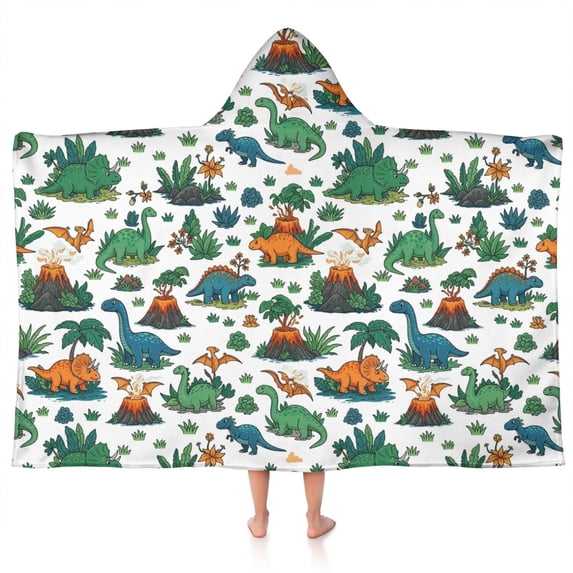 Colorful Dinosaurs Volcanoes Plants Pattern Hooded Bath Towel,50"x30" for Ages 3 To 12 Kids, Quick Dry Lightweight Soft Microfiber Hood Beach Towel Cover Up for Kids
