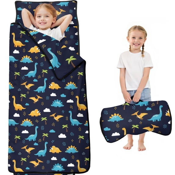 Colorful Dinosaurs with Palm Trees Teens Toddler Nap Mat with Pillow, Sleeping Mat Bag for Preschool Daycare 60"x20"