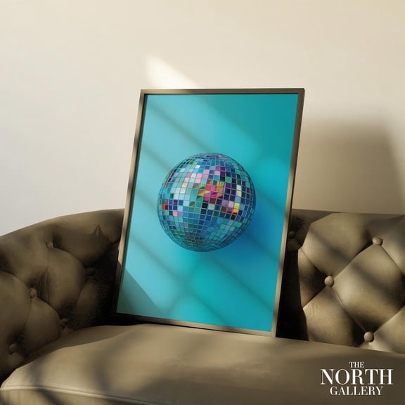 Colorful Disco Ball Poster Art Print Retro Party With Mirror Sphere On Blue Background Modern Home Or Dance Studio UNFRAMED Poster, Wall Art for Decor, Present, 12x18