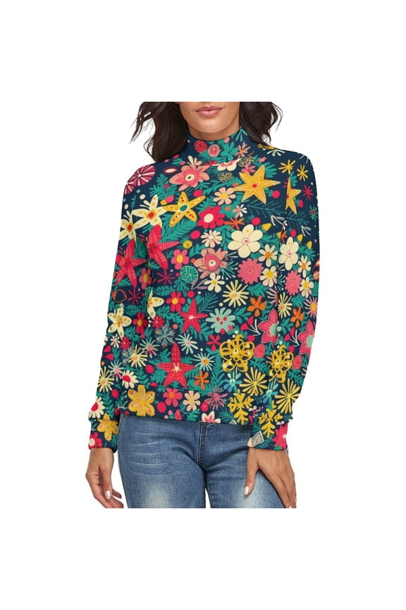Colorful Ditsy Floral Print Christmas Tree Women's Turtleneck Sweater Long Sleeve Ribbed Fitted Turtle Neck Casual Fall Winter Collection Top S