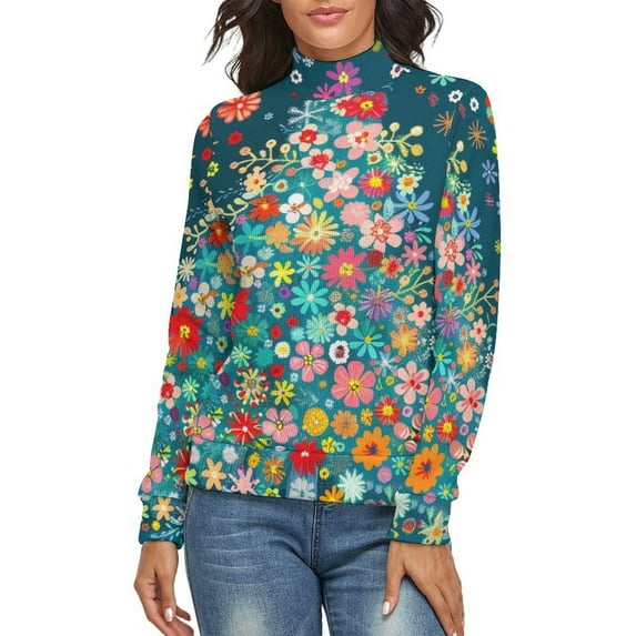 Colorful Ditsy Floral Print Christmas Tree Women's Turtleneck Sweater Long Sleeve Ribbed Fitted Turtle Neck Casual Fall Winter Collection Top S