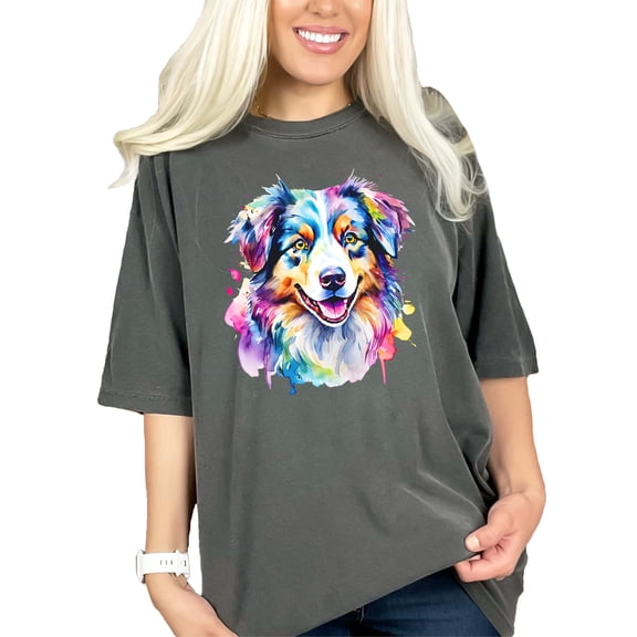 Colorful Dog Art T-Shirt, Australian Shepherd T-Shirt with Watercolor Design, Cute Dog Lover Gift, Animal Art Tee for Women and Men, Pepper Comfort Colors T-Shirt, Large