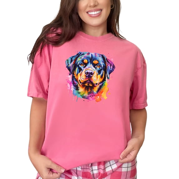Colorful Dog Art T-Shirt, Rottweiler Lover Gift, Artistic Dog Portrait Tee, Unique Dog Owner Shirt, Vibrant Dog Design Top, Pet Lover, Crunchberry Comfort Colors T-Shirt, XL