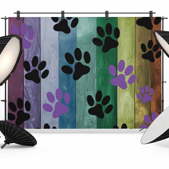 Colorful Dog Backdrop for Photography, Paw Prints on The Board Photo Backdrop Portrait Background Party Banner Photo Backgrounds for Studio Booth Props, 7x5ft