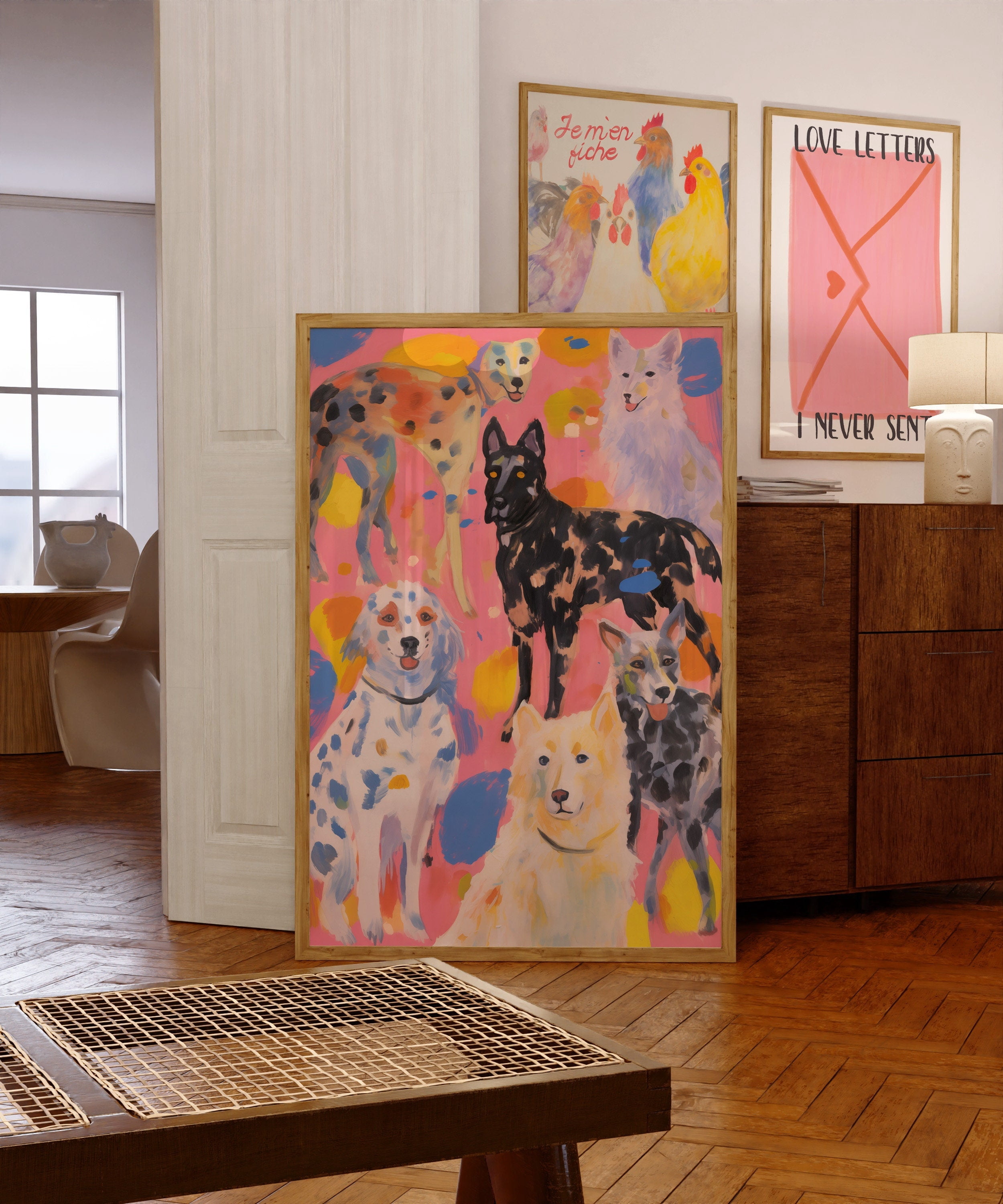 Colorful Dog Breeds Art Print Maximalist Pink Decor , Poster Print Only ...