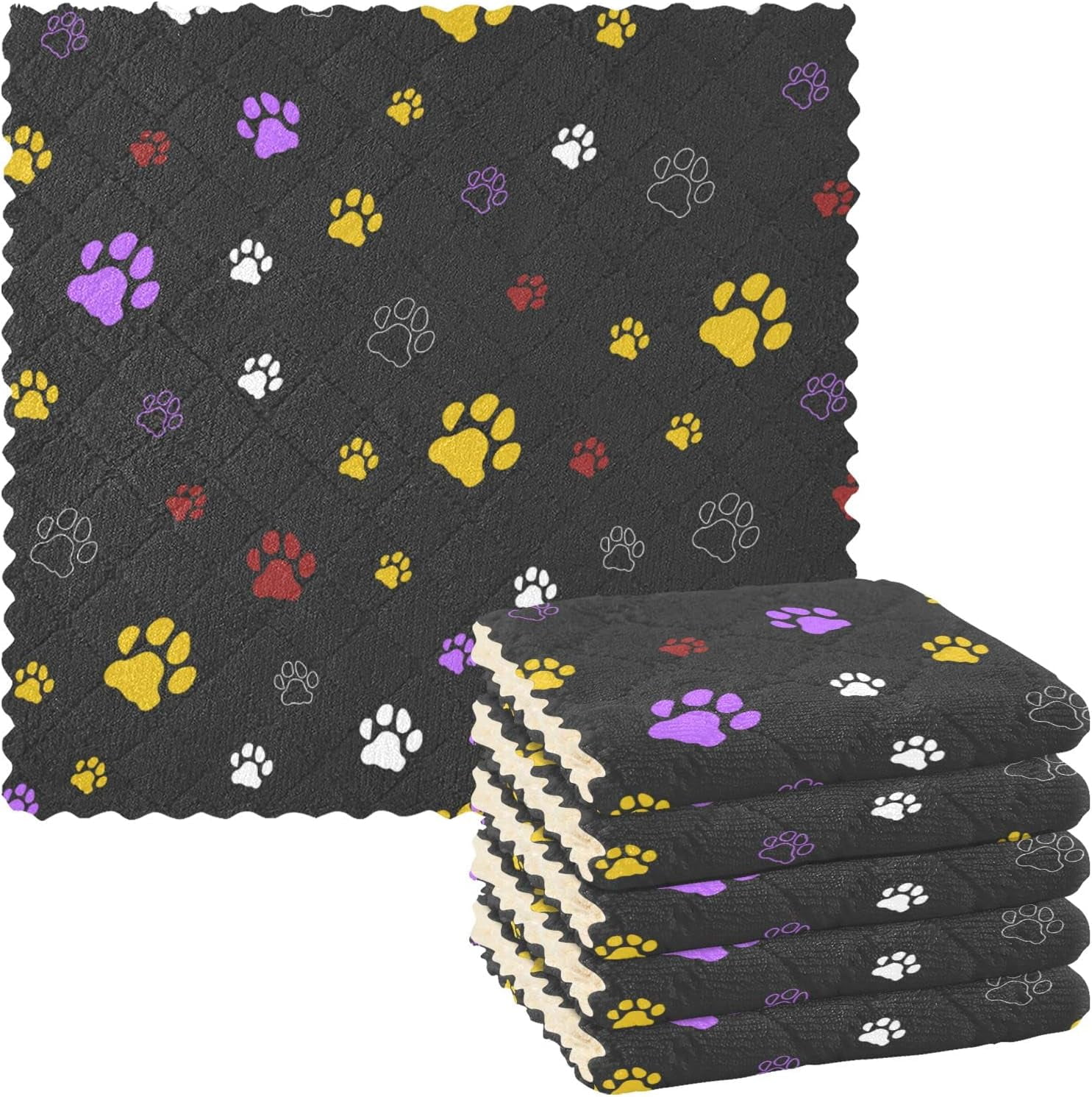 Colorful Dog Cat Paw Print Black Print Dish Cloths 6 Pack Dish Towels