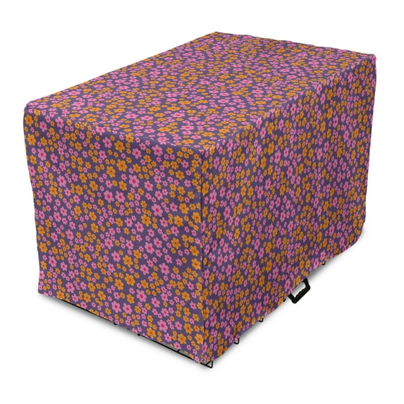 Colorful Dog Crate Cover, Happy Floral Scene Pattern of Simplistic Petals Botanical Details, Easy to Use Pet Kennel Cover Small Dogs Puppies Kittens, 7 Sizes, Orange Purple and Pink, by Ambesonne
