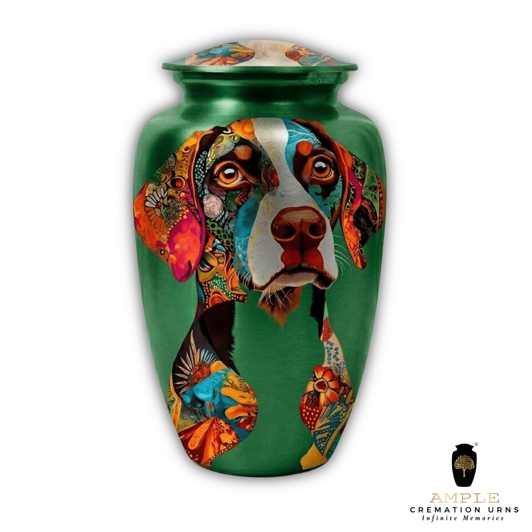 Colorful Dog Cremation Urn for Pet Ashes – Handmade Aluminum Memorial Urn Green Finish