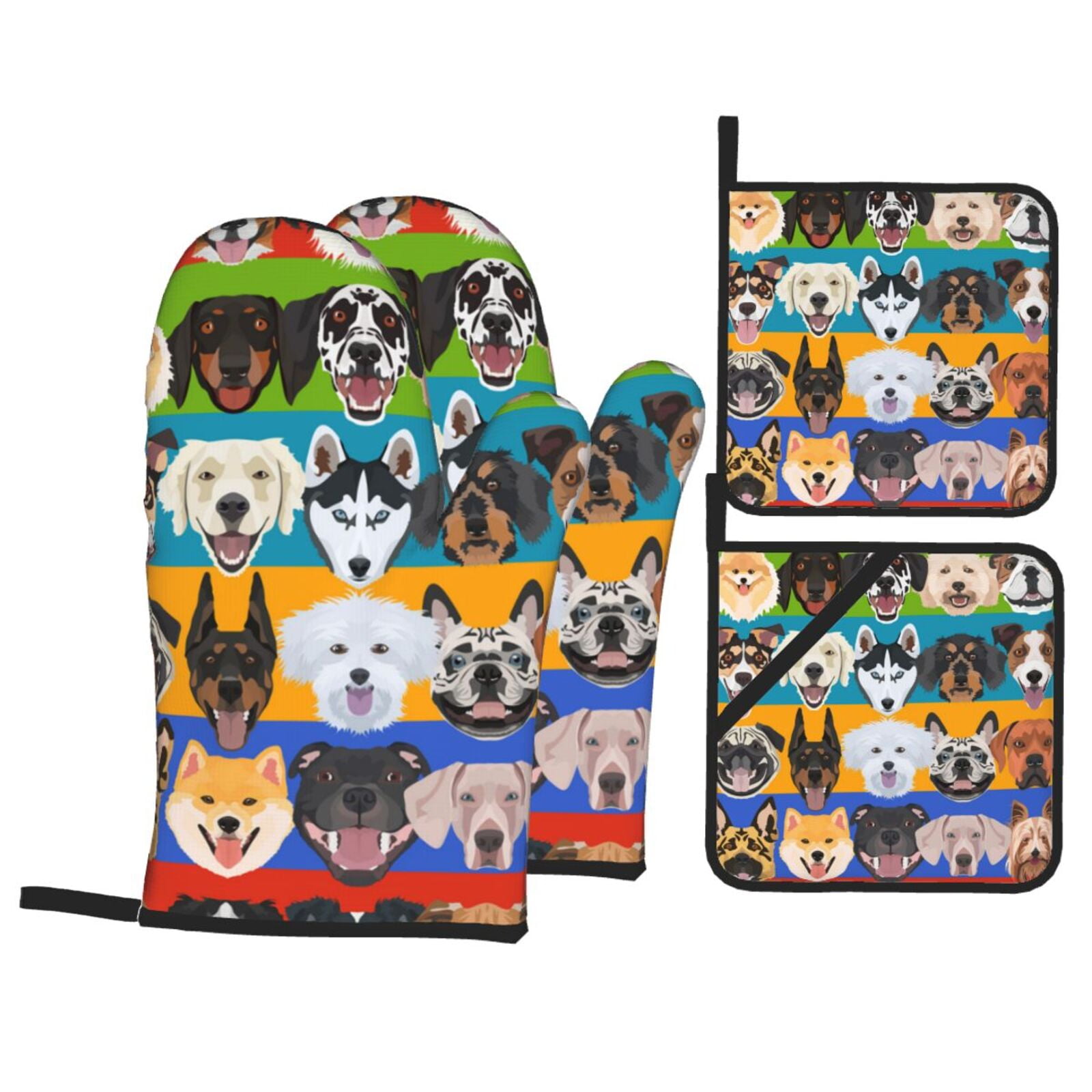 Colorful Dog Dogs Pattern 4Pcs Oven Mitts and Pot Holders Sets Oven Kitchen Gloves Hot Pads for Cooking BBQ Baking Grilling
