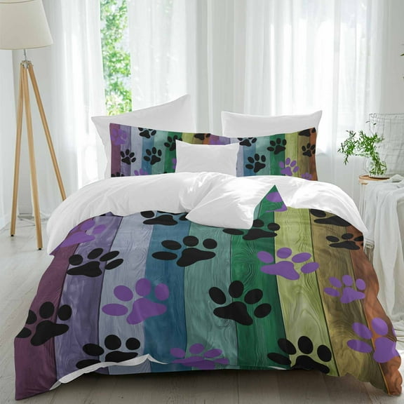 Colorful Dog Duvet Cover Set Queen Size Paw Prints on The Board Soft Lightweight Comforter Covers 4 Piece Bedding Set with 1 Duvet Cover 1 Bed Sheet & 2 Pillow Shams