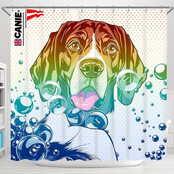 Colorful Dog Face Shower Curtain with Rainbow Gradient & Blue Bubbles - Fun, Whimsical Design, Water