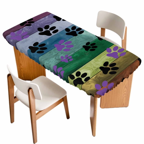 Colorful Dog Fitted Rectangle Tablecloth 24" x 50" Paw Prints on The Board Elastic Table Cloth Fits for 4 Foot Folding Tables Waterproof Table Cover for Picnic Camping Outdoor