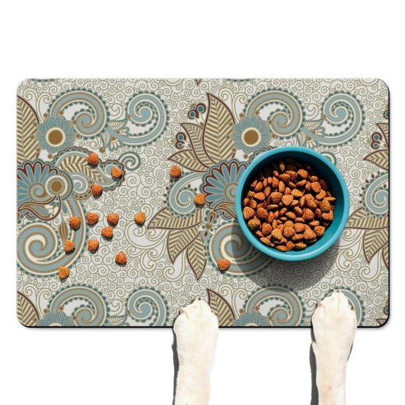 Colorful Dog Food Mat - Vibrant Paisley Design - Waterproof Absorbent Pet Placemat - Non-Slip Rubber Base - Boho Chic Pattern - Easy to Clean