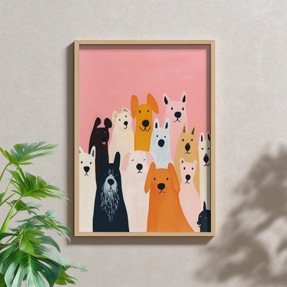 Colorful Dog Group Art Print, Playful Puppy Illustration Home Decor #3345, 8x12 UNFRAMED