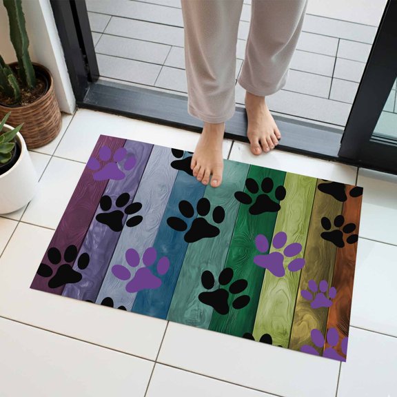 Colorful Dog Indoor Door Mat 16x24 Inch Paw Prints on The Board Front Door Mat Non Slip Washable Entryway Rug Low Profile Dirt Trapper Doormat for Bathroom Kitchen Bedroom