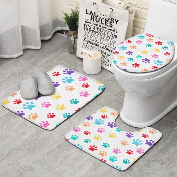 Colorful Dog Paw Footprint Bathroom Rugs Sets 3 Piece,Toilet Cover Set,Absorbent Non Slip Bathroom Mats Sets with U-Shaped Contour Rug Toilet Rug Set