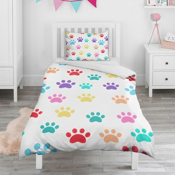 Colorful Dog Paw Footprint Duvet Cover and Pillowcase Set for Single Bedding, Bedroom Accessories for Kids Teens