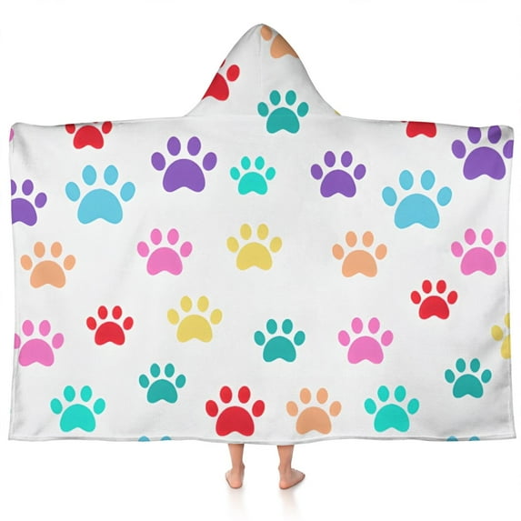 Colorful Dog Paw Footprint Hooded Bath Towel,60"x35" for Ages 3 To 12 Kids, Quick Dry Lightweight Soft Microfiber Hood Beach Towel Cover Up for Kids