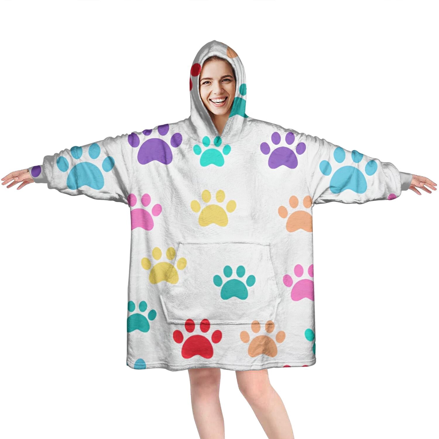 Colorful Dog Paw Footprint Wearable Oversized Blanket,Wearable Blanket Hoodie for Adults,Cozy Hooded Blankets with Super Pockets,Super Warm Fuzzy Pullover for Women & Men