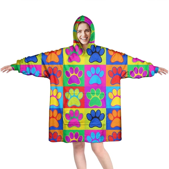 Colorful Dog Paw Footprint Wearable Oversized Blanket,Wearable Blanket Hoodie for Adults,Cozy Hooded Blankets with Super Pockets,Super Warm Fuzzy Pullover for Women & Men